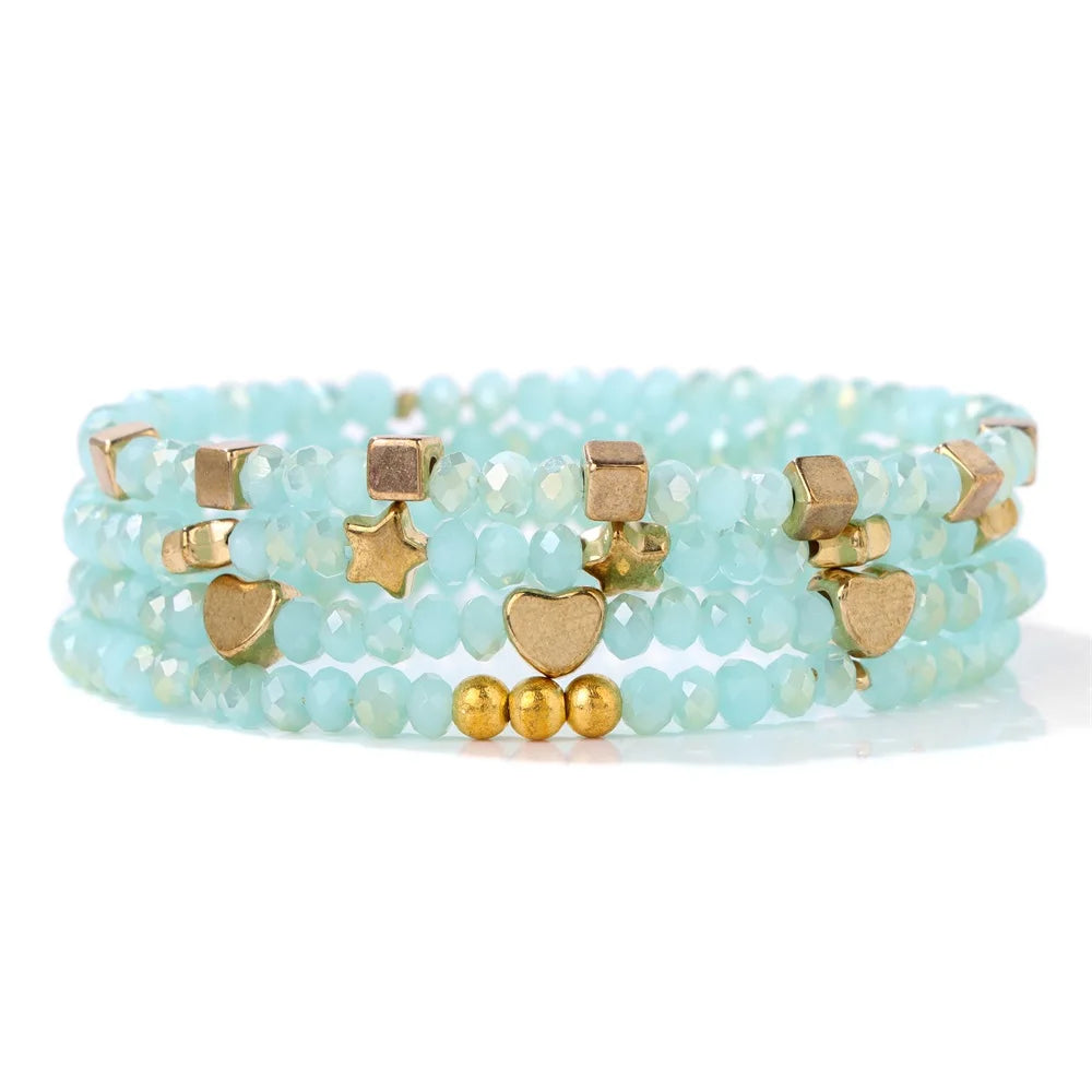 4pcs/set Faceted Crystal Beads Bracelet Colorful Round Shiny Glass Beaded Charm Braclets for Women Men Couples Jewelry Gift