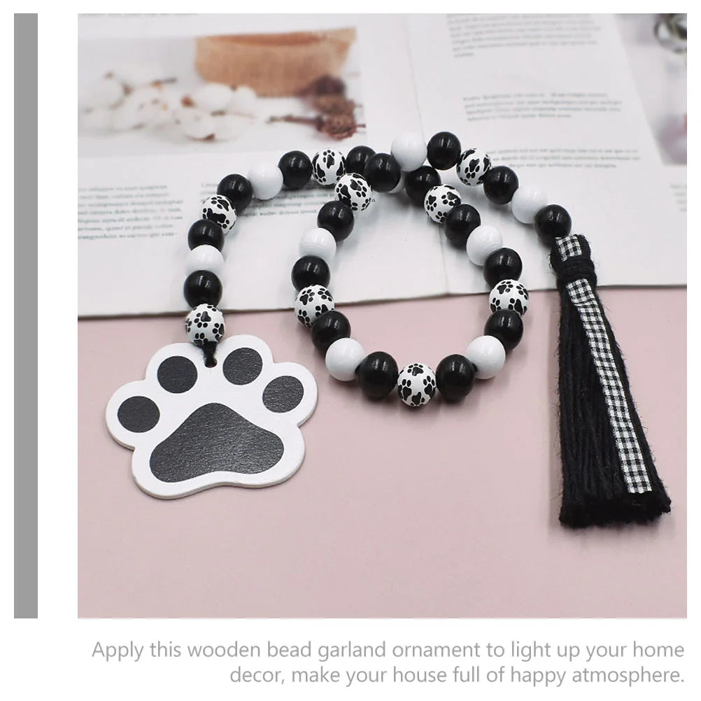 Garland Hanging Beaded Decoration Wood Pendant Dog Paw Beads Wreath Tassel Wooden Home Wall Decorative Ornament