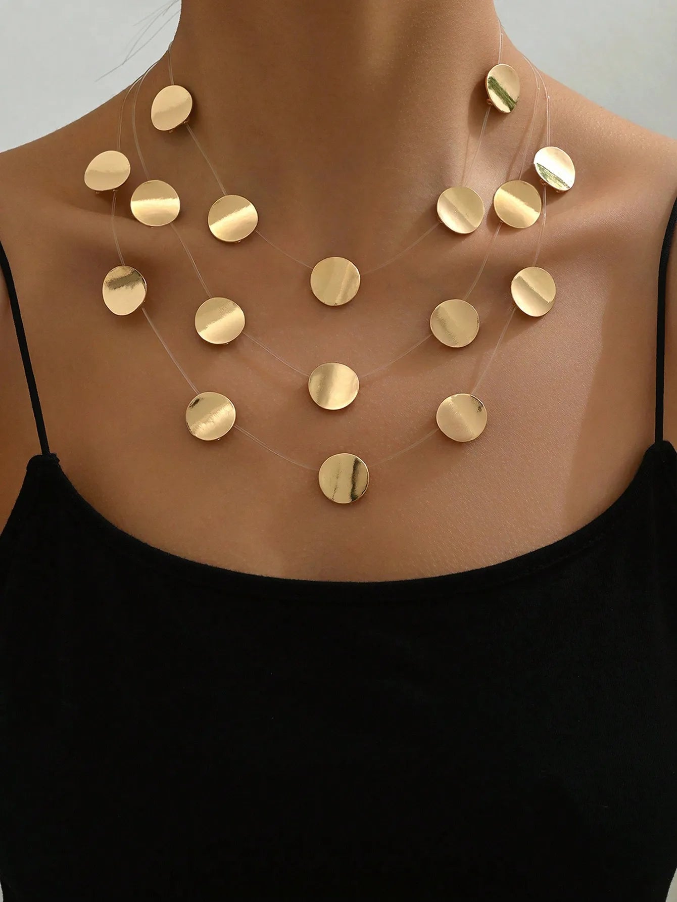 Exaggerated European Style Metal round Necklace Multi-Layer Transparent Fishing Line Choker Unique Design Sensation Trendy Lockb