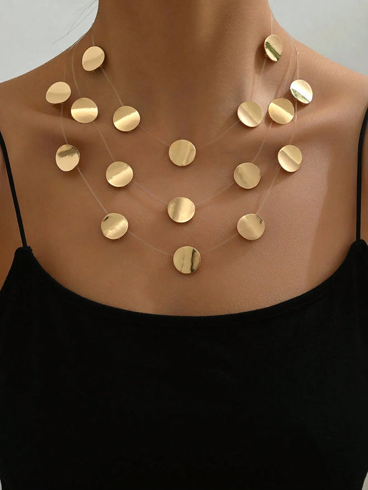 Exaggerated European Style Metal round Necklace Multi-Layer Transparent Fishing Line Choker Unique Design Sensation Trendy Lockb