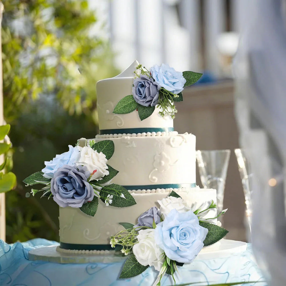 Tejesa 3pcs Pre-made Cake Flowers Toppers Blue White Rustic Boho Wedding Birthday Silk Cake Decoration Flower Party Supplies