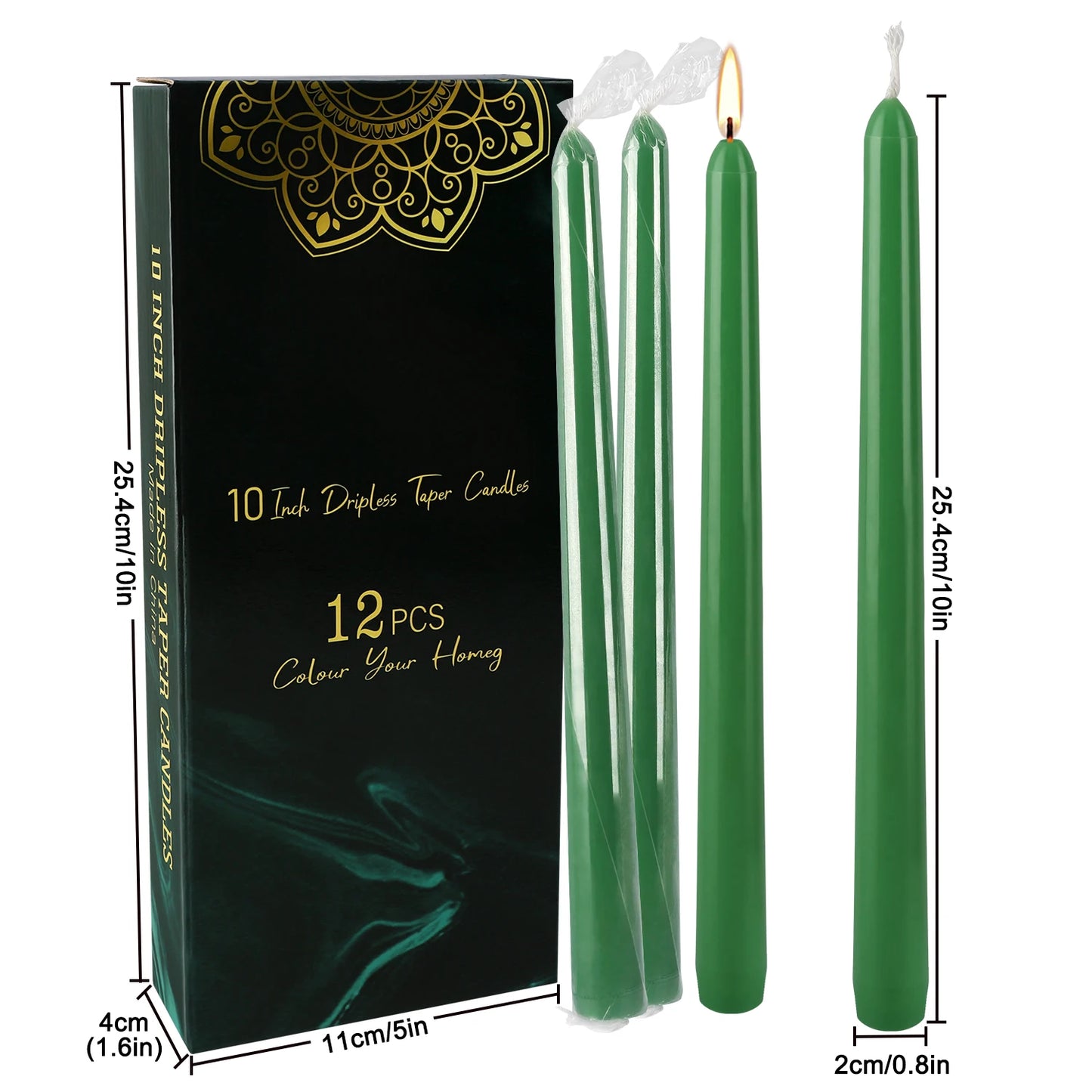 Hemasa 12 Pcs 10inch Green Rod Wax, Drip-Free, Smoke-Free, Fragrance-Free, Home Dinner Candle