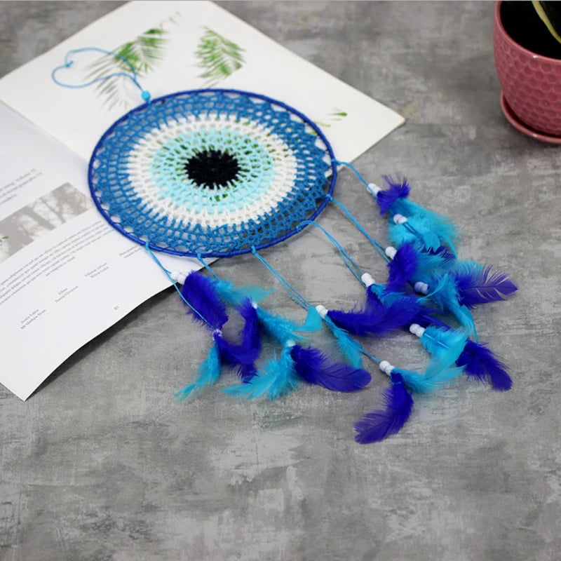 Hemasa Dream Catcher Blue Feather Wind Chime Handmade Girls Room Bedroom Wall Hanging Pendant Ornaments Birthday Gift Home Decoration