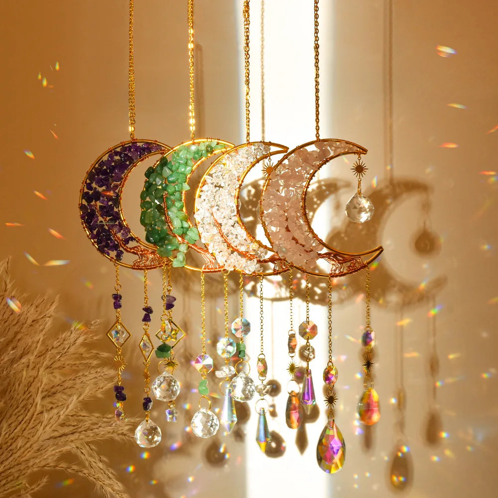 Hemasa Moon Suncatcher Crystal Tree of Life Hanging Decoration Stained Glass Healing Crystal Rainbow Maker Garden Outdoor Decoration