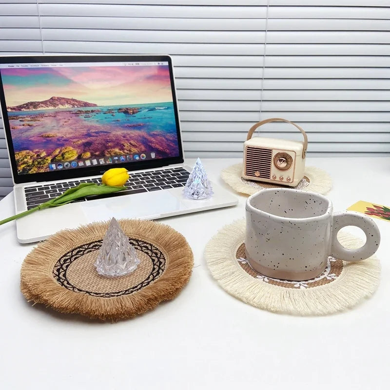 Hemasa Natural Jute Coaster Burlap Table Place Cup Mat Retro Hand Woven Non-Slip Coasters /Heat Insulation Placemat(Set of 4 )
