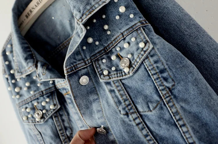 Hemasa Denim Coat Women Cotton Cardigan Jeans Pearl Punk Gothic Bomber Jacket