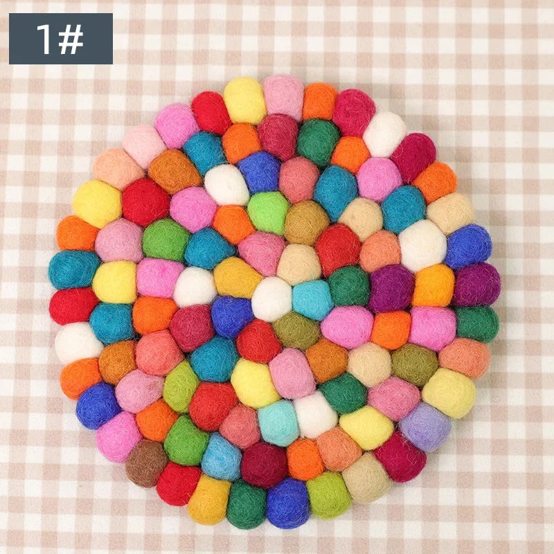 Hemasa Colorful Warm Forest Series Wool Felt Handmade Puncture Colorful Ball Cup Mat Insulated Meal Mat(set of 5 )