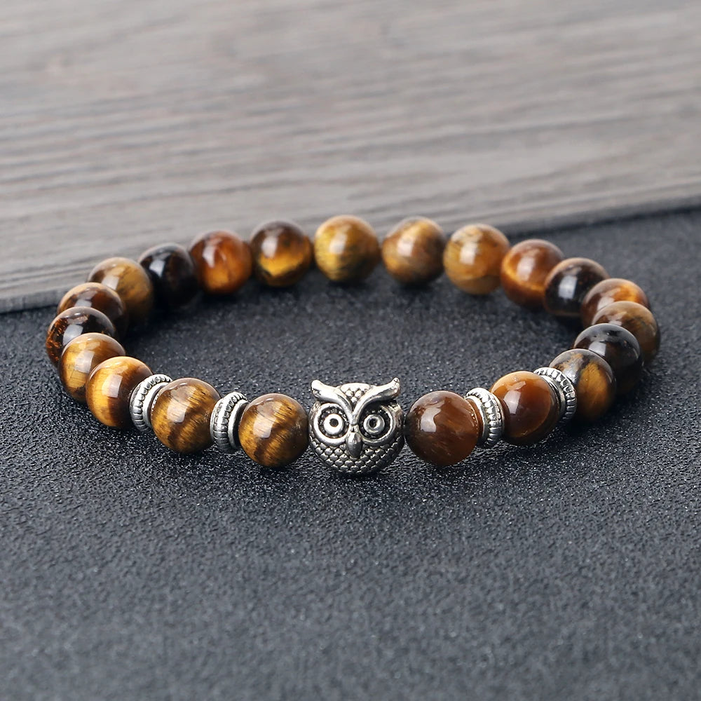 Hemasa  Owl Charm with  Natural Lava Stone Malachite Beads Couple Bracelets