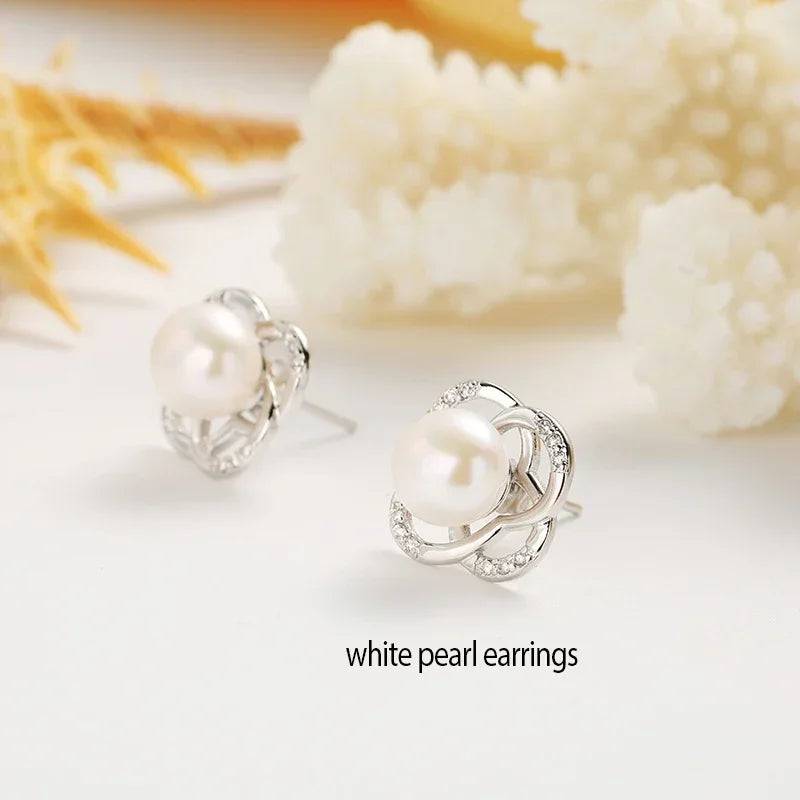 YWYC Natural 9-10mm Freshwater Pearl Stud Earrings for Wedding Zircon Cross 925 Sterling Silver Earrings for Girl Friend Gift