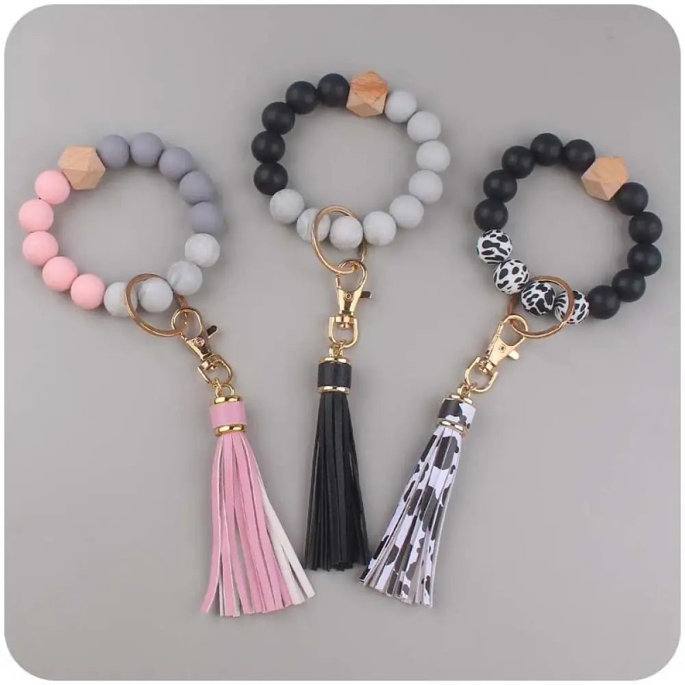 Fashion Leopard Print Silicone Round Beads Keychain For Women Men Tassel Pendant Keyring Lobster Clasp Bracelet Keychain Jewelry