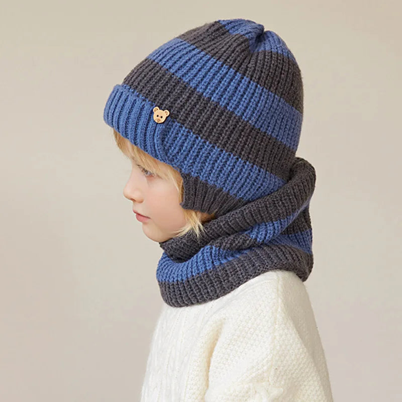 2Pcs Winter Children Hat Scarf Set Simple Striped Knitted Beanie Outdoor Skiing Kids Hat Boy Girl Ear Protection Pullover Bonnet