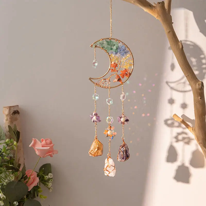 Crystals Gravel Agate Stones Tree of Life Hanging Ornaments for Home Natural Gemstone Moon Suncatcher Room Reiki Decoration