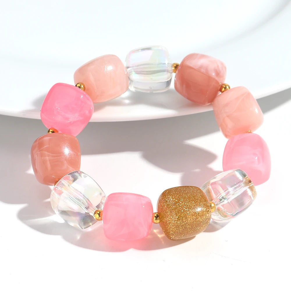 New Multicolor Acrylic Geometric Bead Bracelet for Women Trendy Resin Irregular Square Elastic Bracelets Handmade Jewelry Gift
