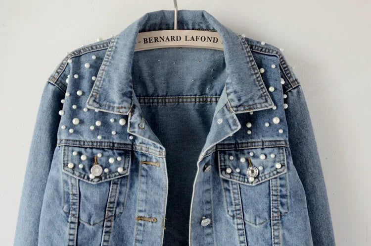 Hemasa Denim Coat Women Cotton Cardigan Jeans Pearl Punk Gothic Bomber Jacket