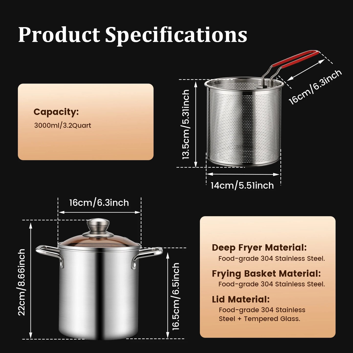 Tejesa Deep Fryer Pot Stainless Steel Fry Pot With Strainer and Lid Kitchen French Fries Chicken Cooking Tools Steaming Pot Fryer Pan