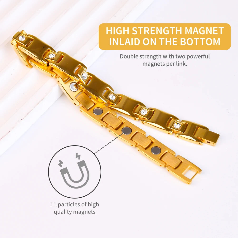 Hemasa  10mm Width Stainless Steel  Gold-Color Magnetic Health Charm Bracelet For Women