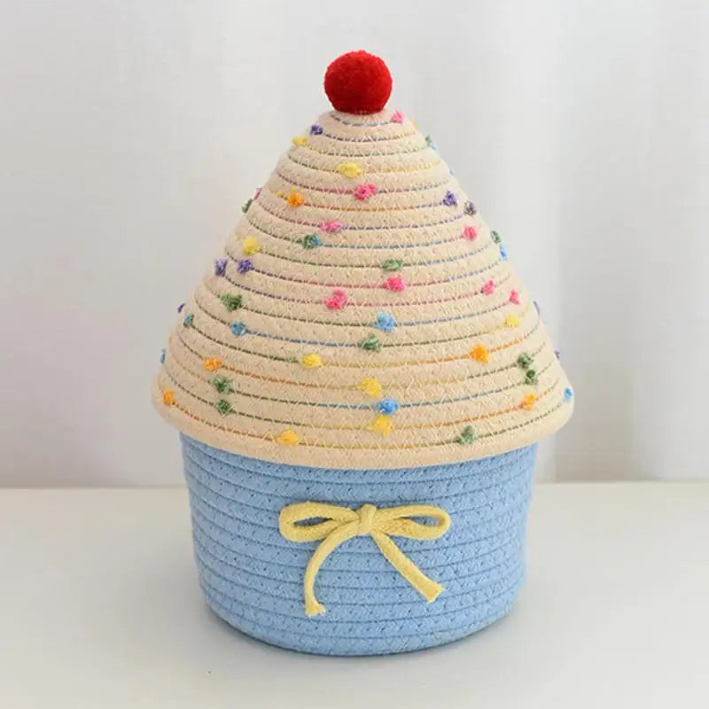 Tejesa Large Capacity  Woven Basket with Lid Cartoon House aped Storage Container Fun Desktop Organizer Basket for Home Use