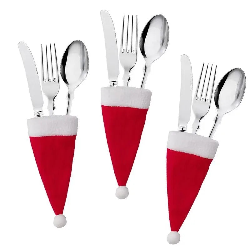Hemasa Merry Christmas Tableware Bag Holder Christmas Hat Fork Knife Cutlery Bag Christmas Decorations for Home