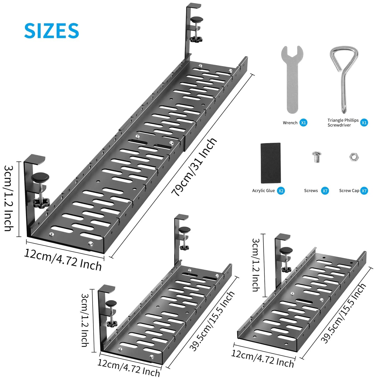 Tejesa Under-table Cable Management Rack with No Drilling, Adjustable Carbon Steel Cable Tray for Office Storage Box and Line Fixation