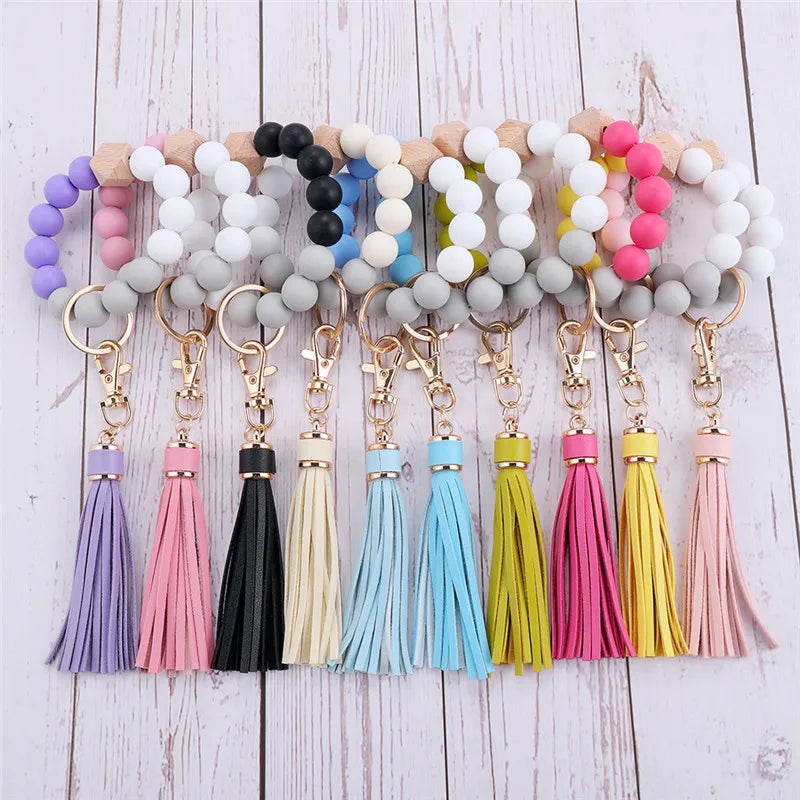 Hemasa  Silicone Wood Beads Keychain Keyring For Women Wristlet Bracelet Pendant Keychain With Jewelry Accessories