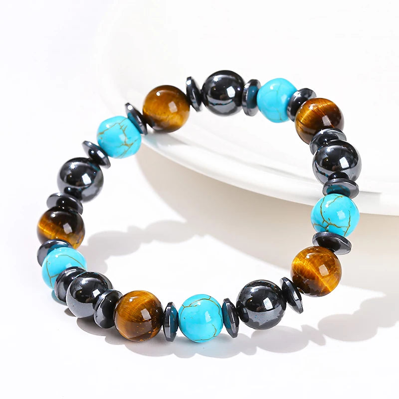 JD Natural Stone Yellow Tiger Eye Black Hematite Stone Turquoise Mixed Design Strand Bracelet Women Men Reiki Energy Party Gift