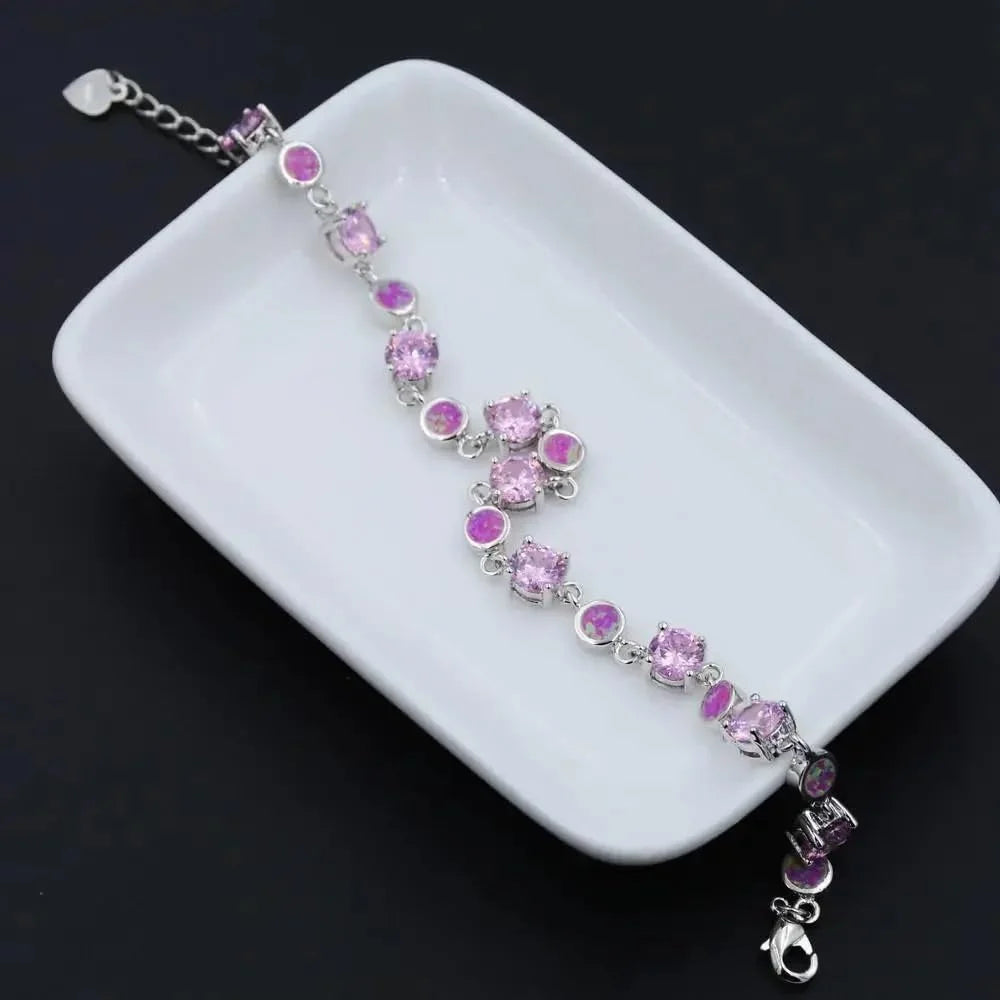 Women's Adjustable Heart Charm Bracelet Pink Opal Cubic Zirconia Silver Plated Chain Designer Jewelry Valentine Gift for Women