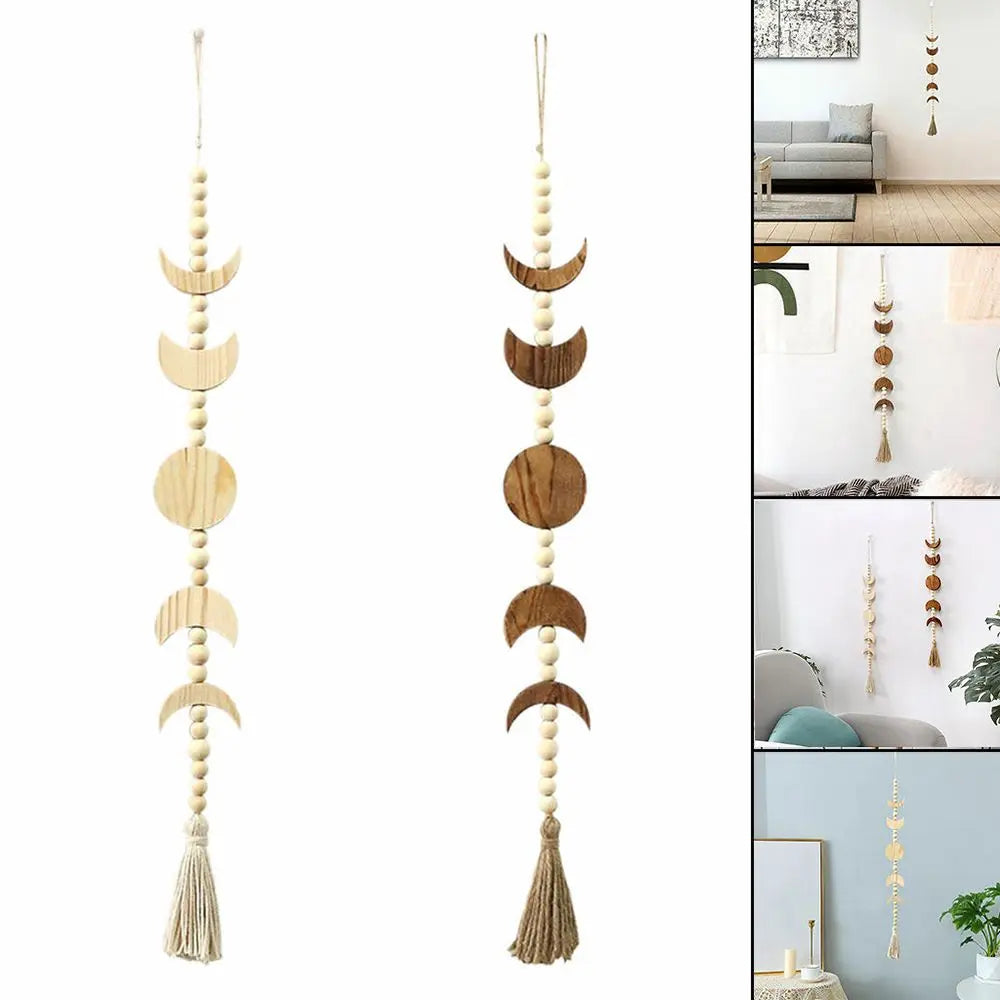 Wood Star Moon Phase Wall Hanging Garland Boho Beaded Wood Moon Phase Moon Garland with Tassel Home Wall Decor