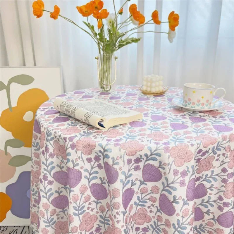 Korean Style Round Lattice Flower Tablecloth Floral Table Cloth for Dining Table Tea Coffee Table Cover Picnic Kitchen Decor