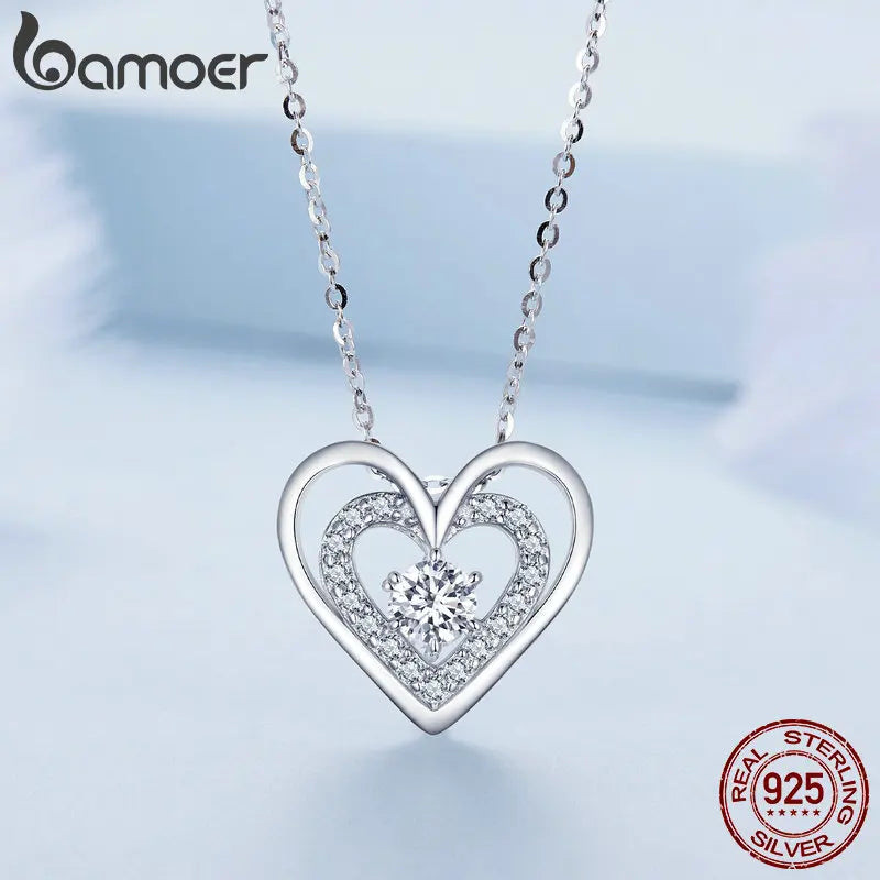 Bamoer 925 Sterling Silver Sparkling Double Heart Pendant Necklace Dancing Heart Neck Chain for Women Valentine's Day Gift