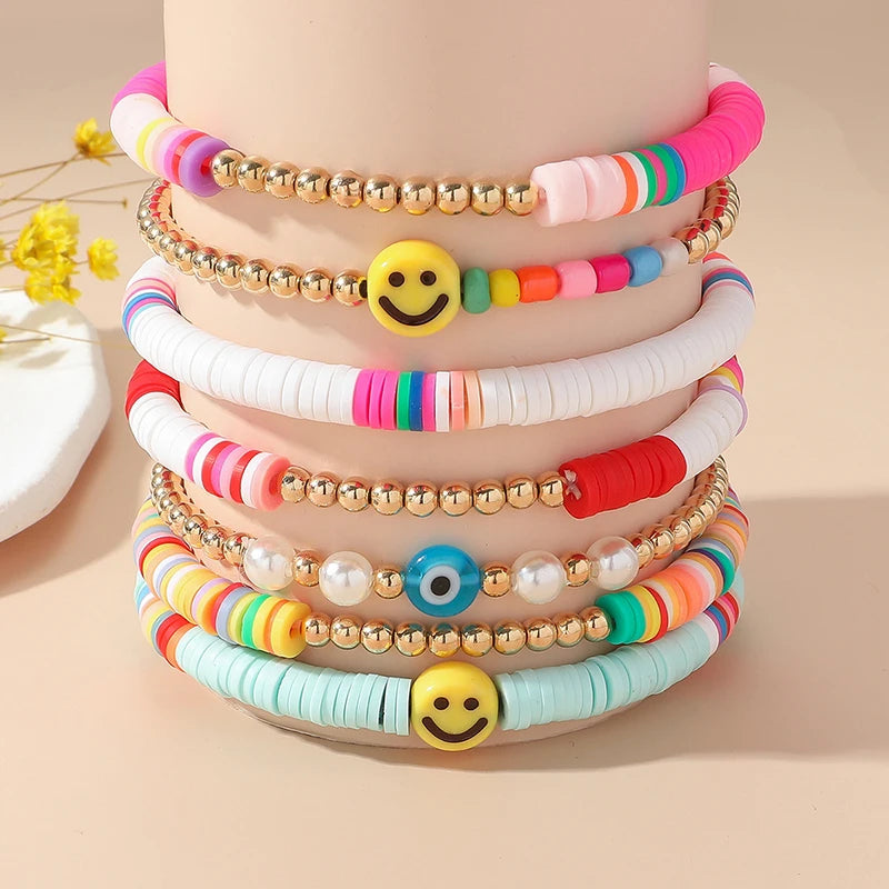6-7Pcs/Set Bohemia Smile Face Colorful Stackable Bracelet Soft Clay Pottery Layering Friendship Bead Girl Bangle Boho Jewelry