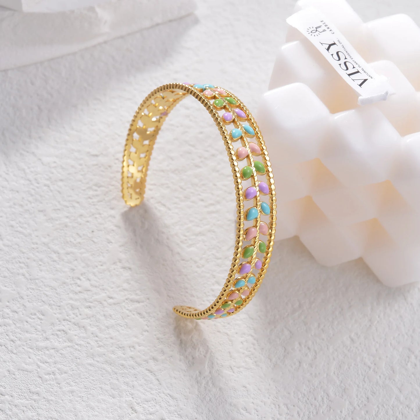 Stainless Steel Leaf Drip Oil Cuff Bangles For Women Girl Wrist Jewelry Gold Color Squares Adjustable Bangles Mom Gifts