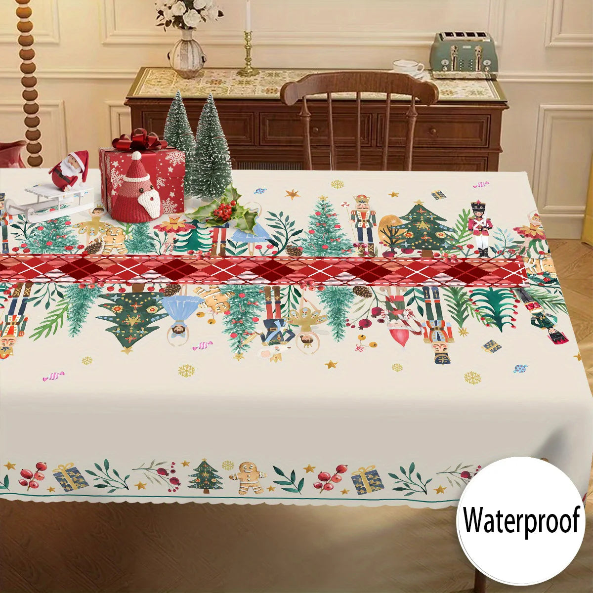 Tejesa Christmas Holly Waterproof Tablecloth Holiday Party Decor Reusable Xmas Rectangle Table Cloth Dining Room Table Decor