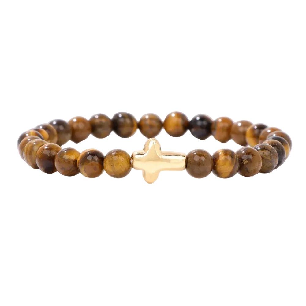 Tejesa 6mm Amethysts Bracelet Gold Color Jesus Cross Natural Stone Tiger Eye Opal African Turquoises Elastic Bracelets For Women Men