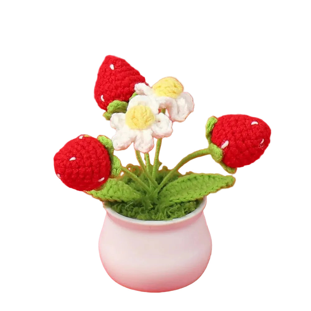 Hemasa Strawberry Crochet Potting Cute Kintted Flowers /Handwoven Flowers for Table Car Bookshelf Home Decor Gift Crochet Strawberry