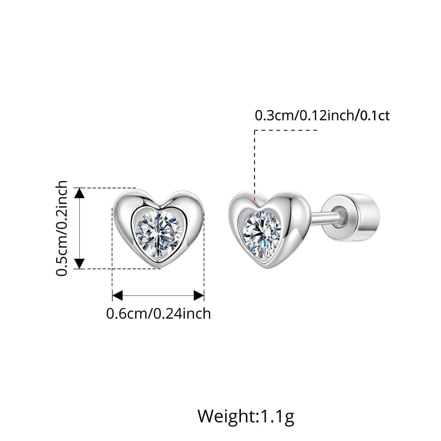 BAMOER Classic Heart Moissanite Screw-back Earring, Paved Setting Round Cut Lab Created Diamond for Women Engagement Gift S925