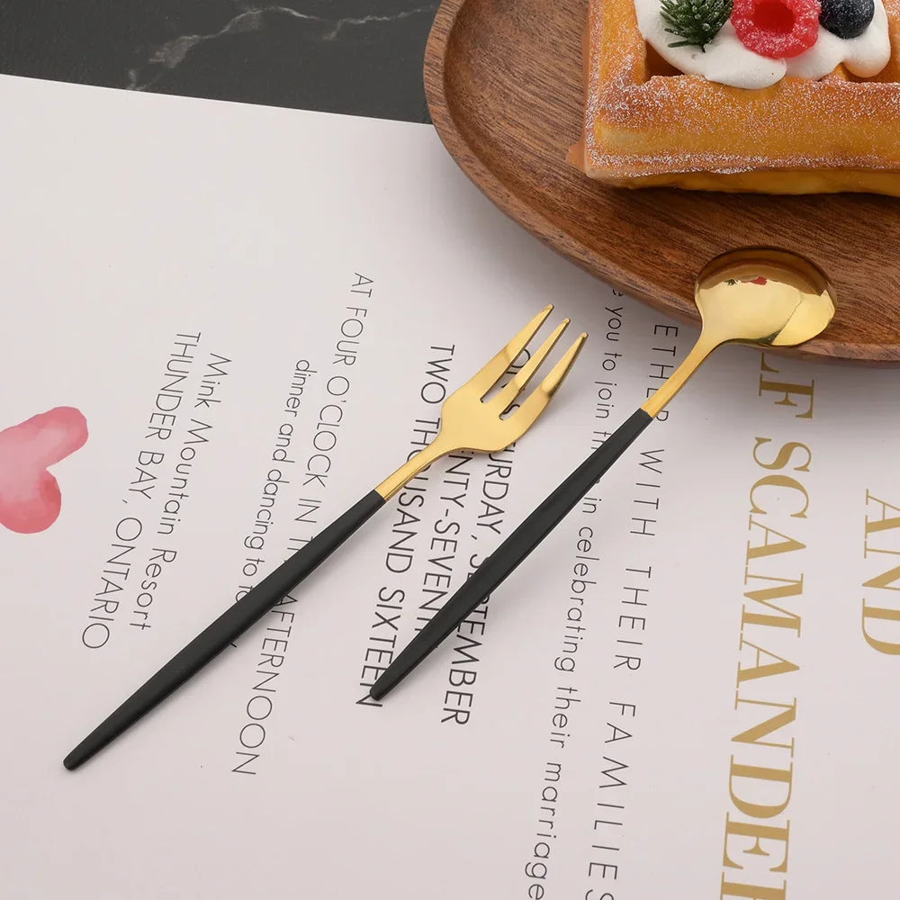 Hemasa 12Pcs Stainless Steel  Gold Fork Spoon Set/ Cake Fork Snack Salad Coffee Fruit Fork Spoon Cutlery Kitchen Dinnerware Set