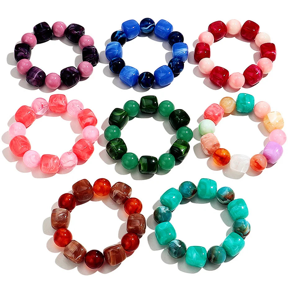 Bohemian Acrylic Geometric Square Round Beads Elastic Bracelets for Women Trendy Resin Beaded Stackable Bracelet Bangle Jewelry