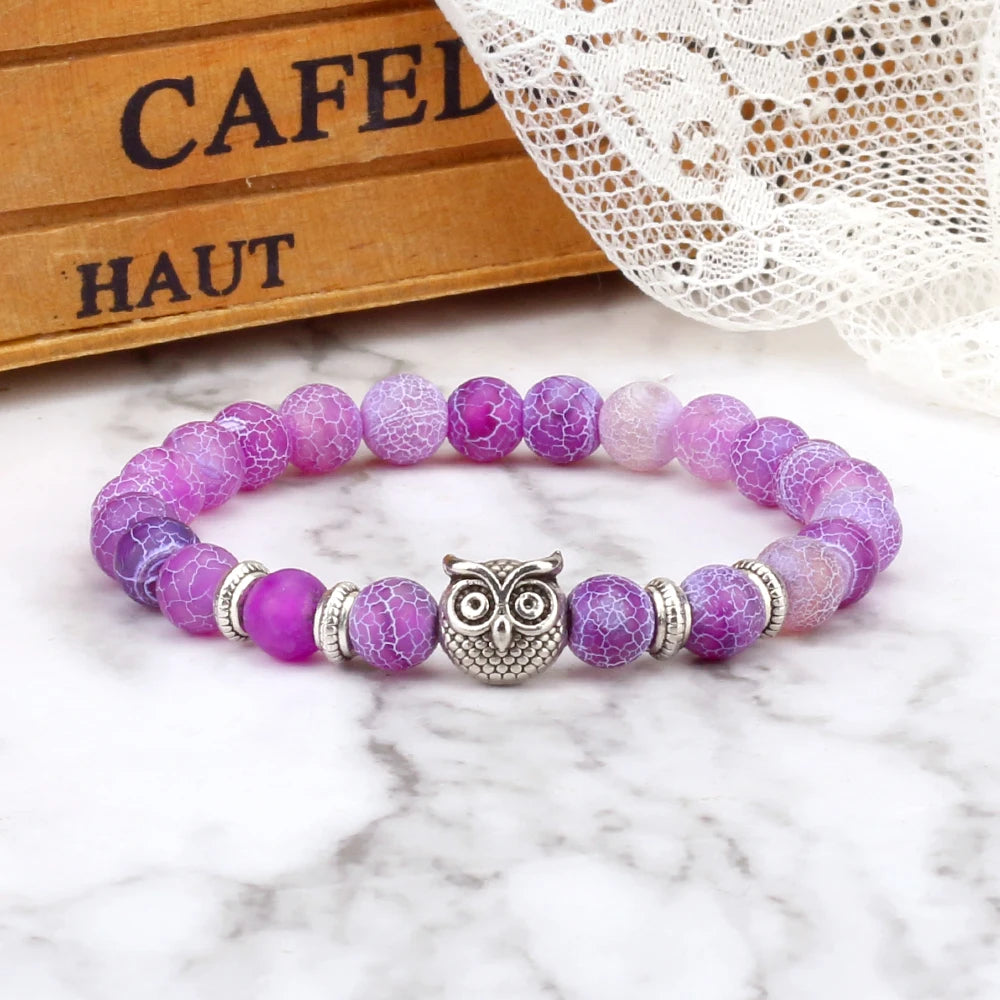 Hemasa  Owl Charm with  Natural Lava Stone Malachite Beads Couple Bracelets