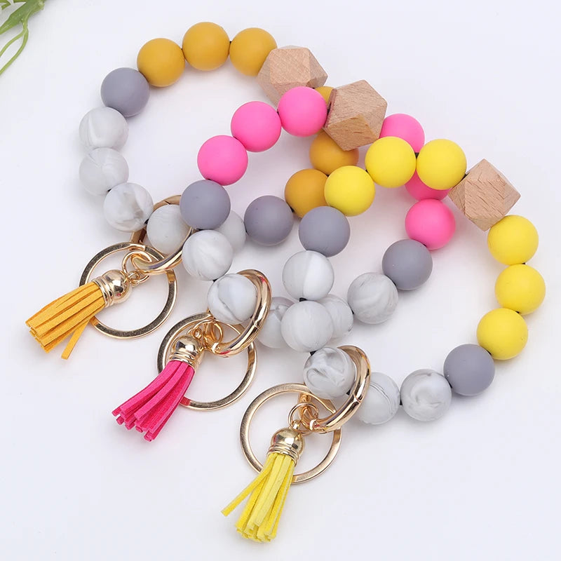 New Anti-Loss Women Wristlet Bracelet Keychain Silicone Round Beaded Keyring For Lobster Clasp Keychain Jewelry Bracelet
