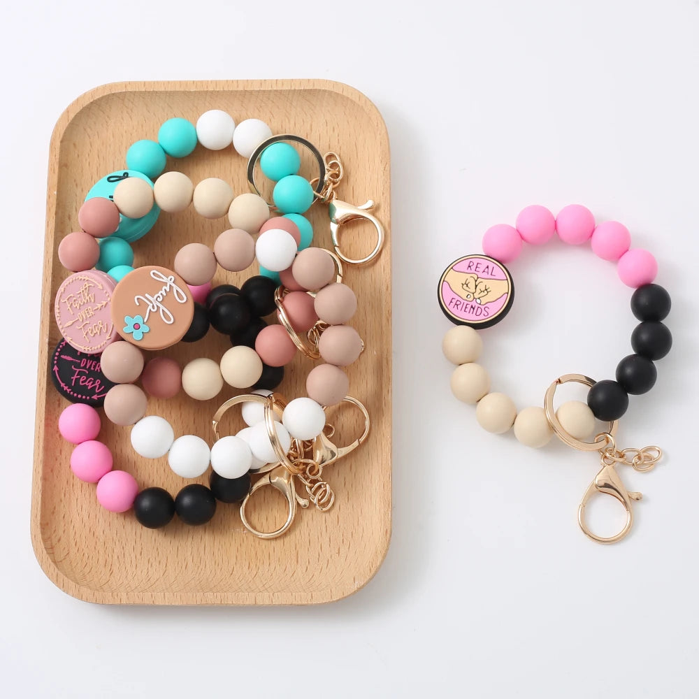 Fashion Bracelet Keychain Colorful Silicone Beaded Keyring Women Girl Car Bag Key Accessory Pendant Valentine's Day Jewelry Gift