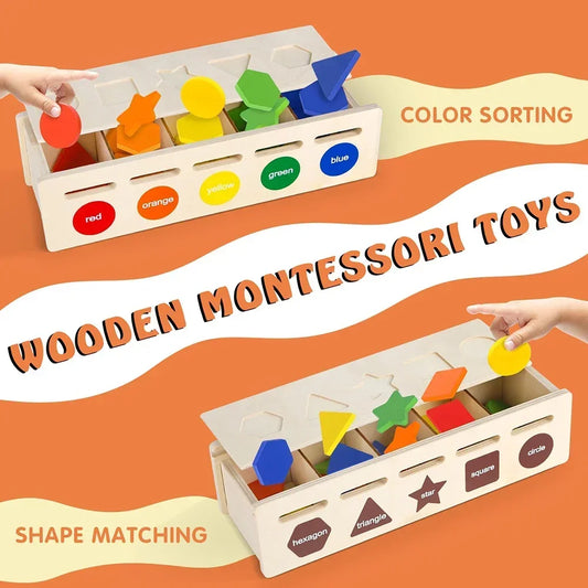 Montessori Toys Wooden Color Shape Sorting Box Color Shape Sorting Toy Preschool Early Learning Educational Toy for Kids Gifts