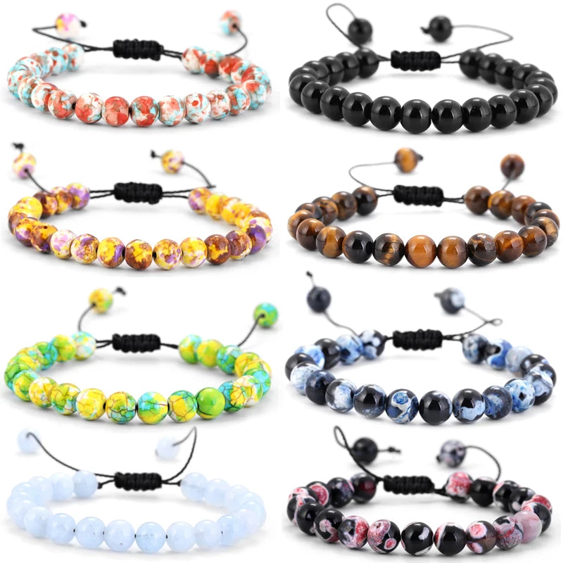 Hemasa Natural Lava Stone Blackstone Tiger's Eye Bead Bracelet Adjustable Braided Rope Bracelet
