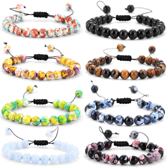 Hemasa Natural Lava Stone Blackstone Tiger's Eye Bead Bracelet Adjustable Braided Rope Bracelet