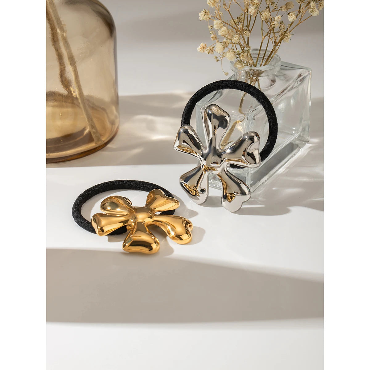 Hemasa Stainless Steel 18K Gold Plated French Style Irregular Flower Hair Ring Hair Rope Black Rubber Hairbands Ponytails Buckle