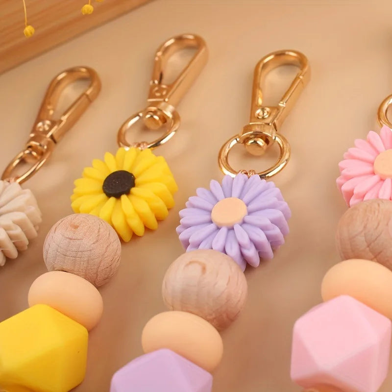 Daisy Silicone Beaded Keychain Handmade Wood Beads Key Chains For Women Girls Car Bag Pendant Key Accessories Keyring Gift