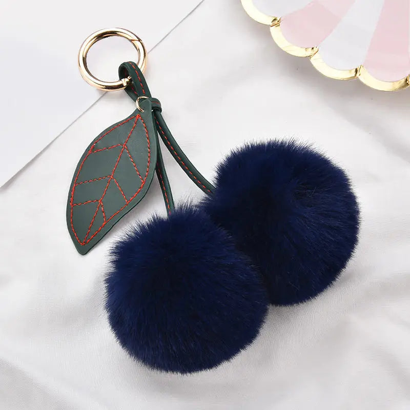 New Fashion Plush Cherry Keychains for Women Girls Fluffy Cartoon Rabbit Fur Ball Pompom Leaf Key Chains Rings Keyring Bag Gifts