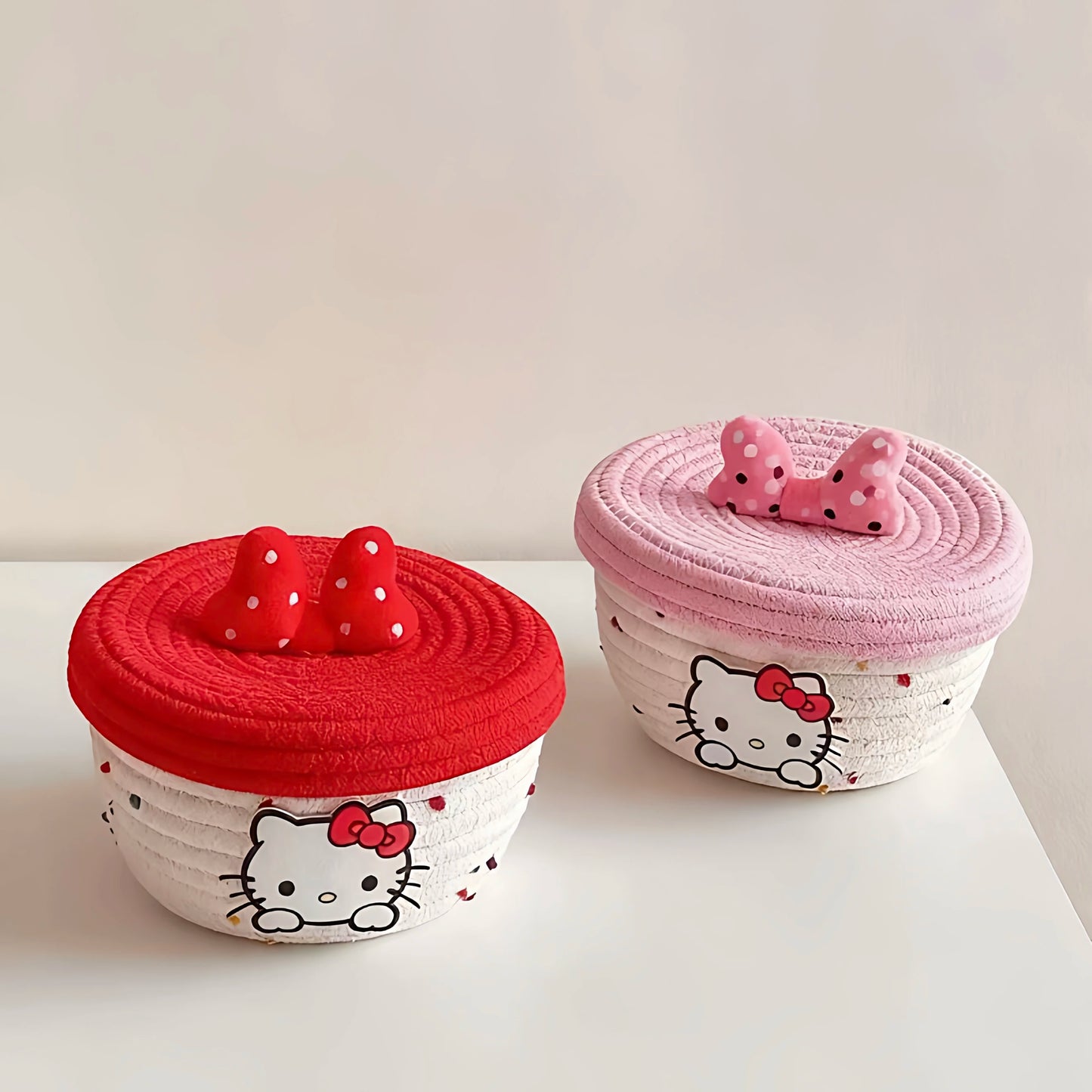 Tejesa Cute Kit  Storage Box with Lid Bowknot Cotton Rope Woven Basket Cosmetic Organizer for Girls Home Storage Supplies