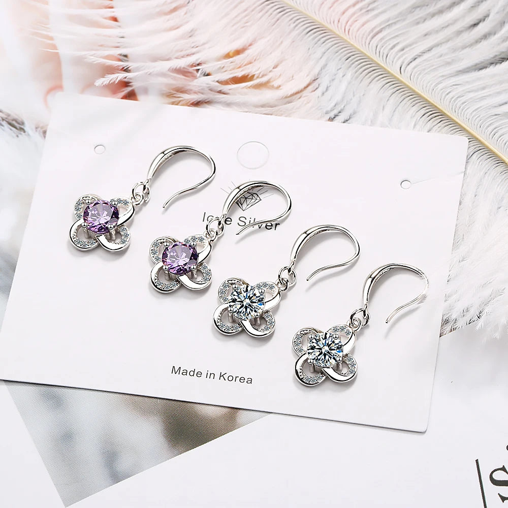 925 Sterling Silver Jewelry Sparkling Zirconia Clover Flower Twist Windmill Forever Drop Earrings For Women