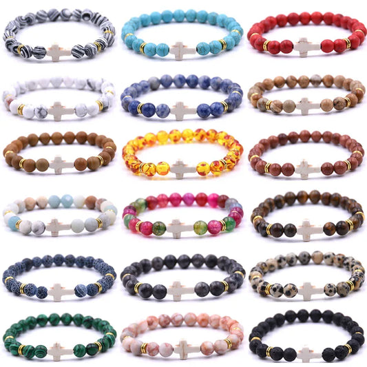 8mm beads Natural Stone bracelets for women Elasticity Yoga Cross Charms Bracelet Men jewelry pulseiras