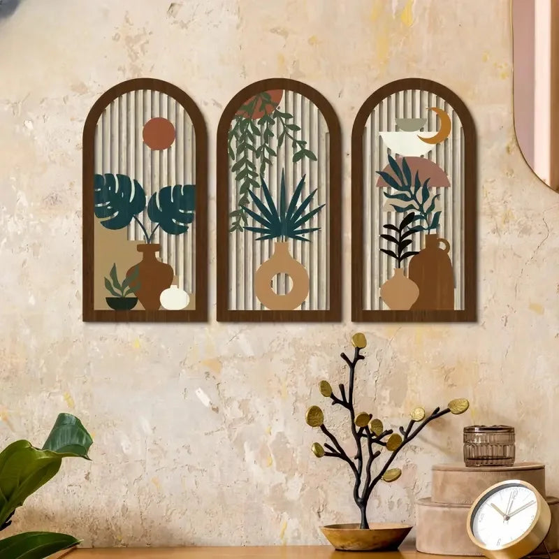 Hemasa 3pcs Wooden Wall Art Boho Modern Decor Hollow Crafted with Vases Plants & Banana Leaves for Home Office